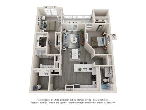 Floor plan for 2 beds, 2 baths, 1195 sqft